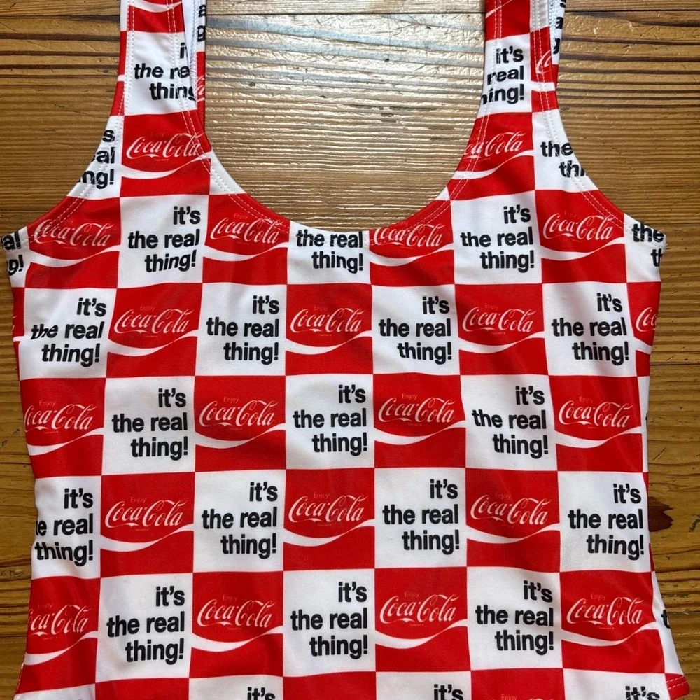 Coca-Cola One Piece Swimsuit Womens Red White‎ Checkered Retro Graphic SIZE S